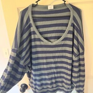 Aerie Navy and Green Striped V-Neck Top